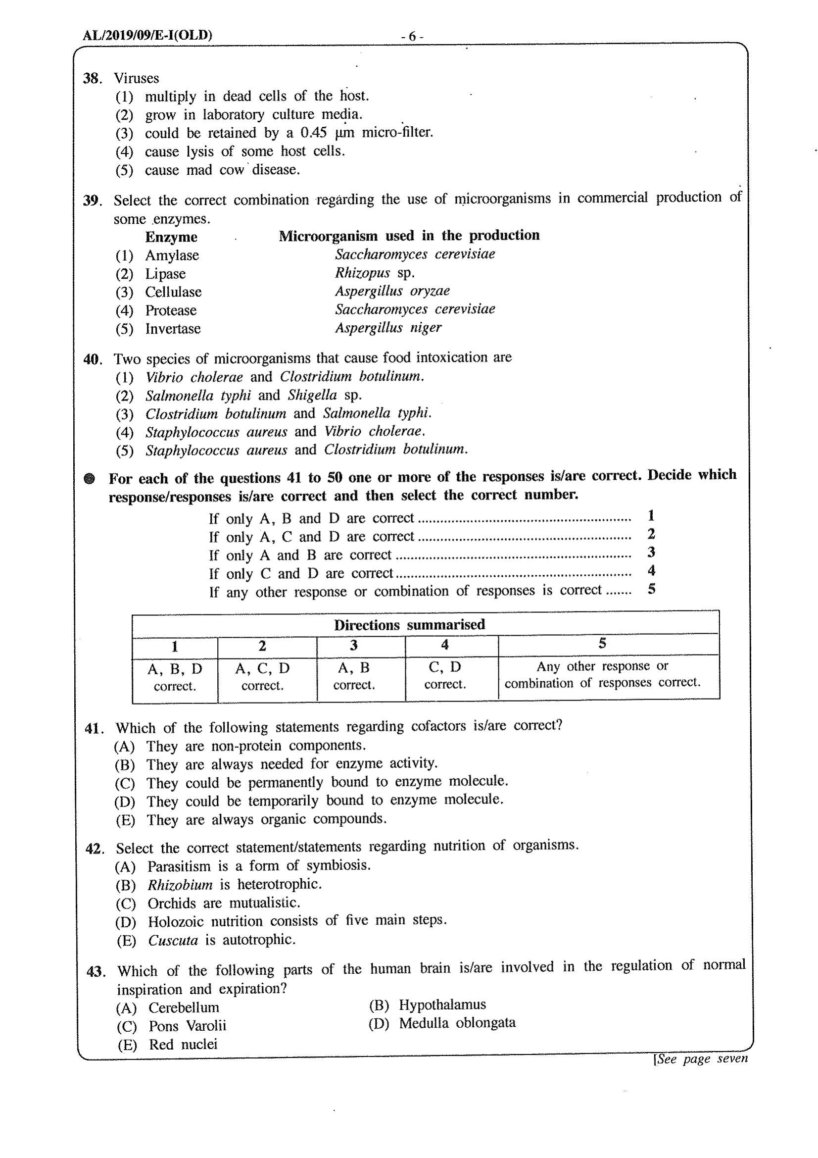 GCE Advanced Level 2019 Biology (OLD) - English Medium Past Paper