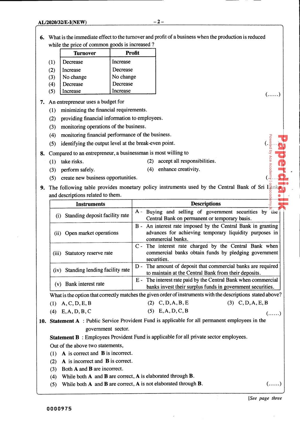 GCE Advanced Level 2020 Business Studies - English Medium Past Paper